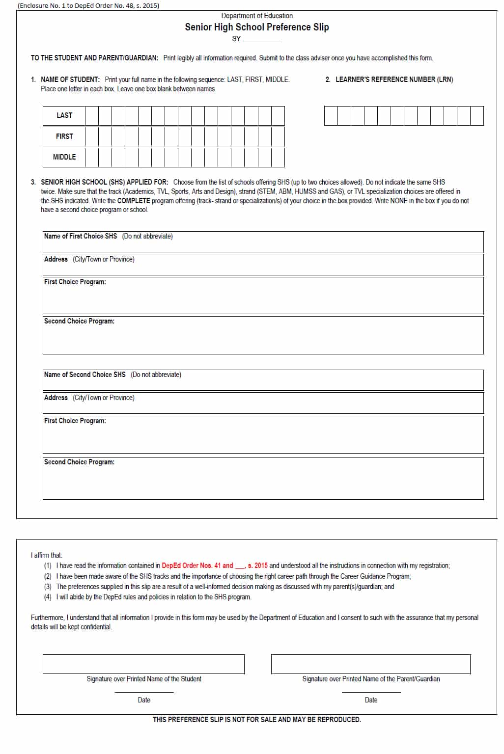 deped senior high school registration form preference slip teacherph school enrollment form template