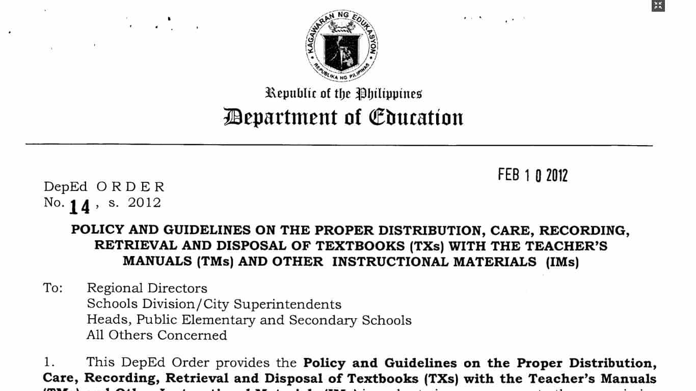 DepEd Guidelines on the Proper Distribution and Disposal of Textbooks