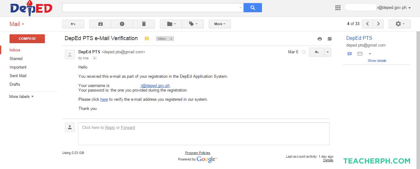 DepEd Online Application Teacher 1 Email Verification