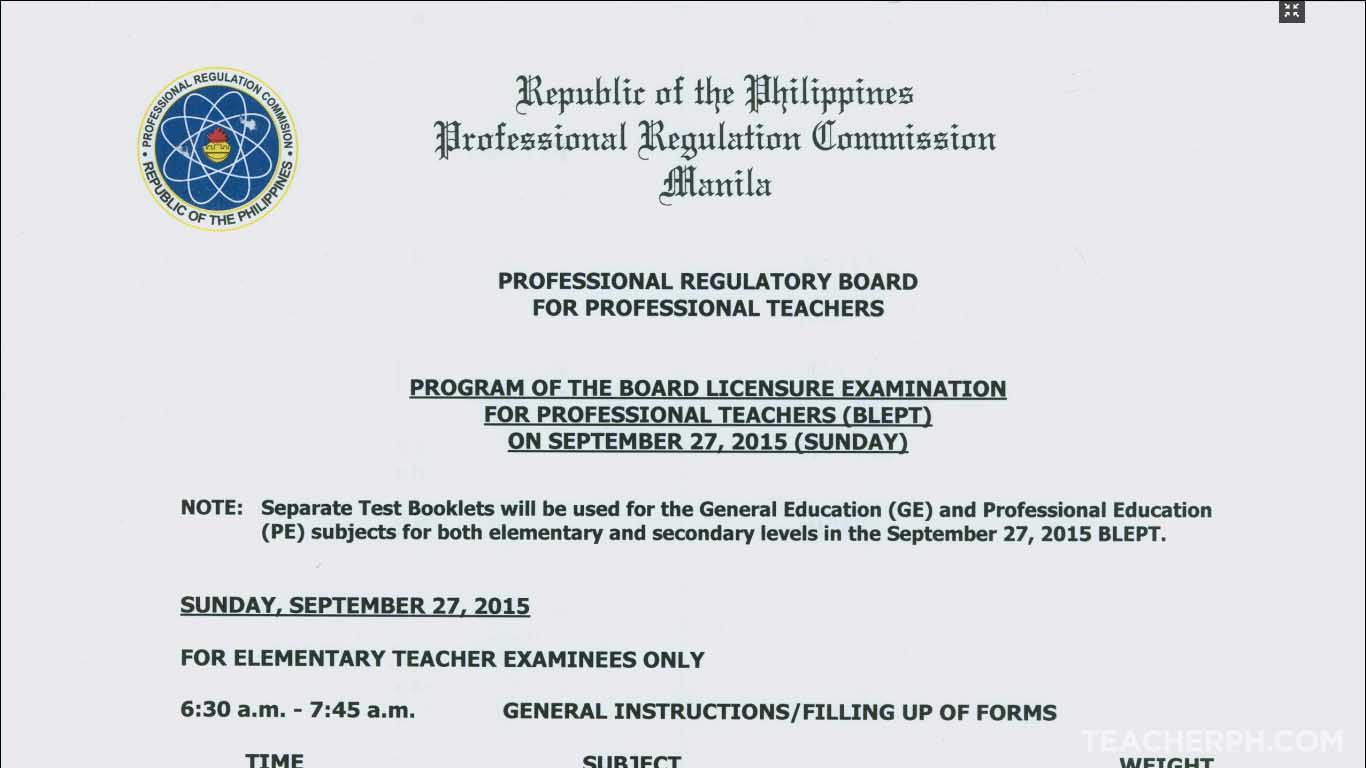 PRC Licensure Examination Program of the Board September 27, 2015