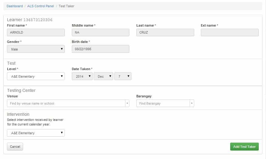 ALS A&E Test Taker Module v0.1-8 10