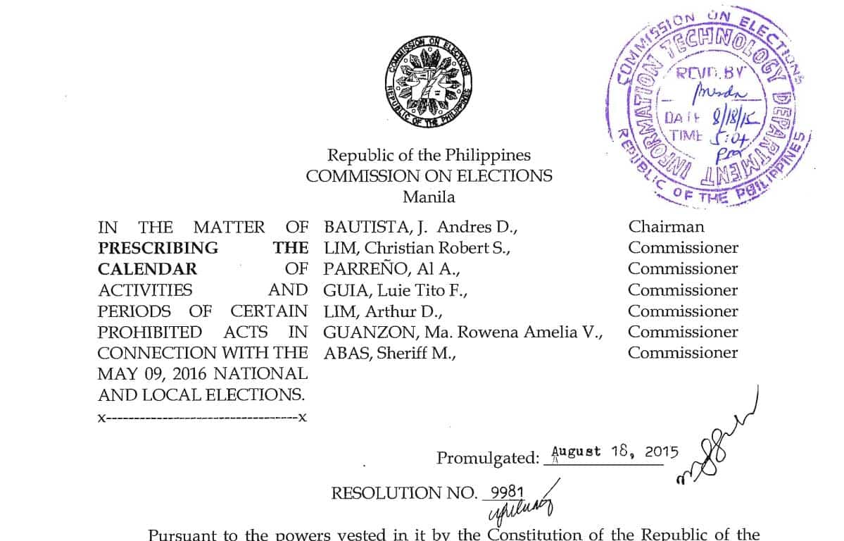 COMELEC Resolution No. 9981 dated August 18, 2015