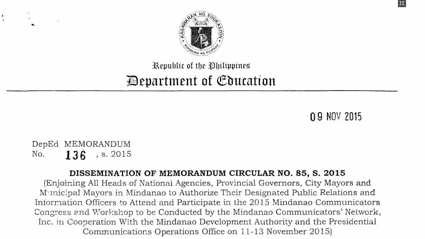 Dissemination of Memorandum Circular No. 85, s. 2015