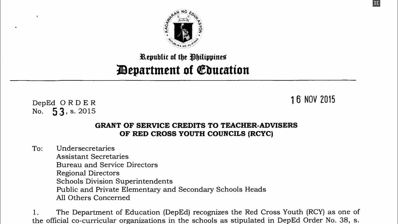 Grant of Service Credits to Teacher-Advisers of Red Cross Youth Councils (RCYC)