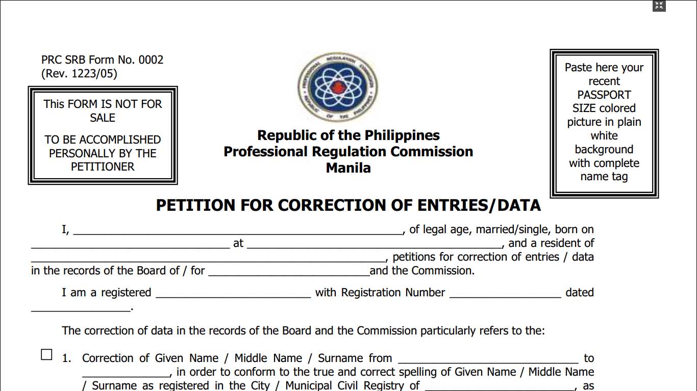 PRC SRB Form No. 0002 - Petition for correction of entries or data