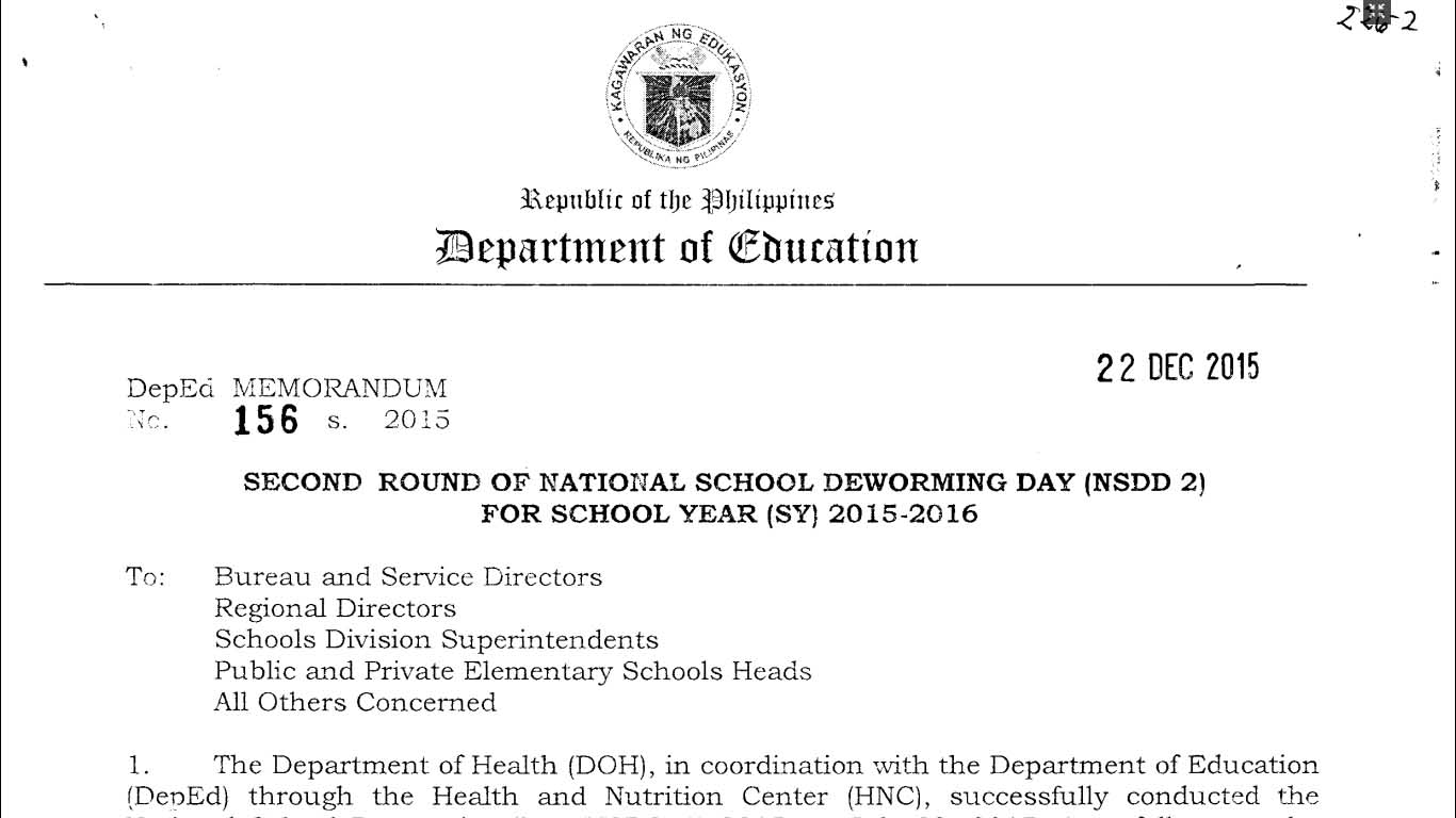 Second Round of National School Deworming Day (NSDD 2) for School Year (SY) 2015-2016
