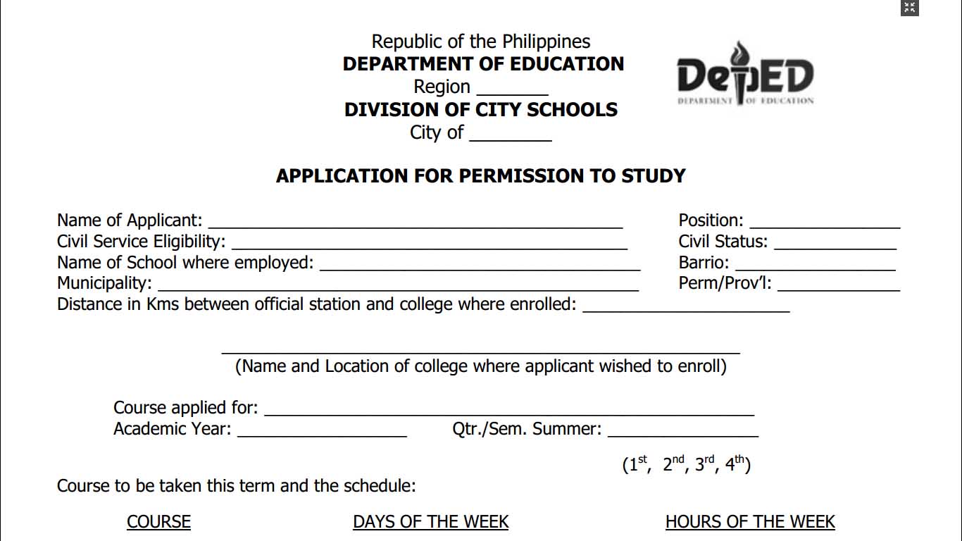 Application for Permission to Study Form