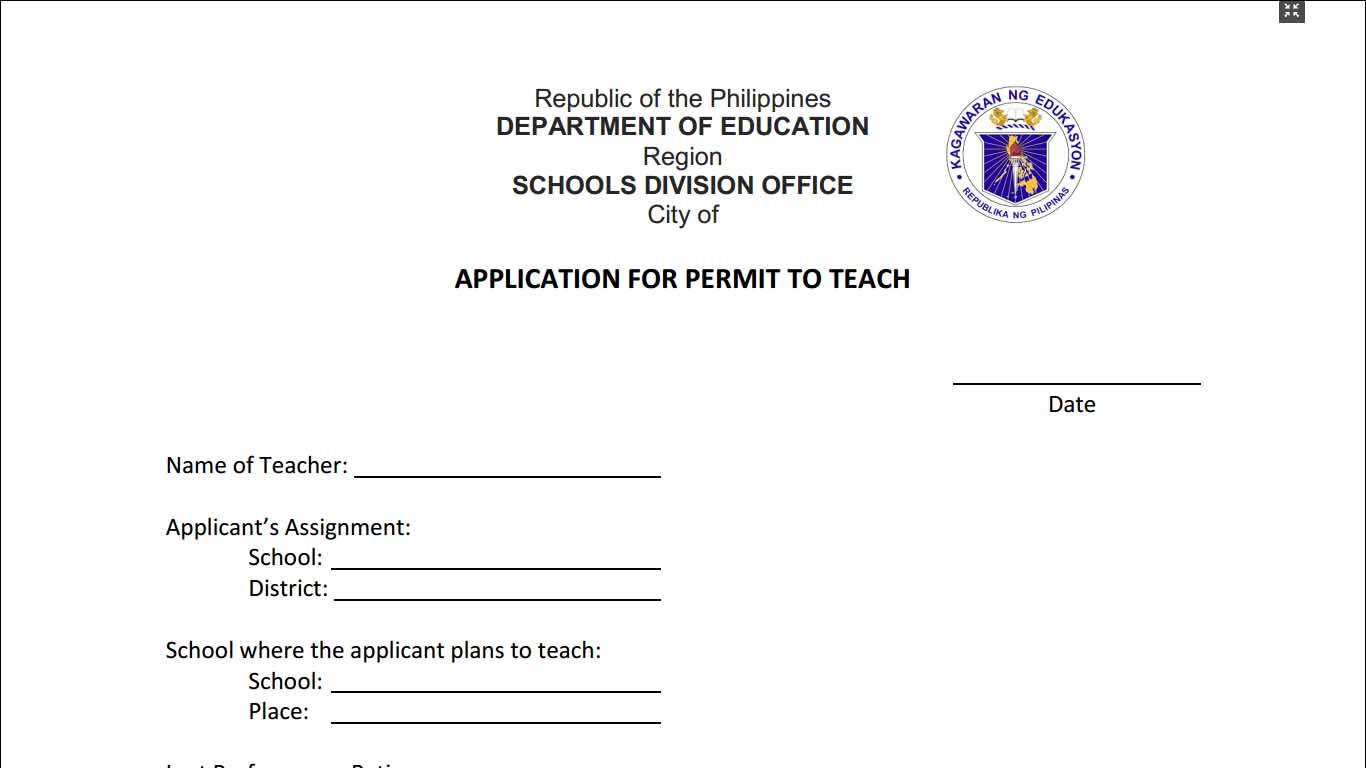 Application for Permit to Teach Form