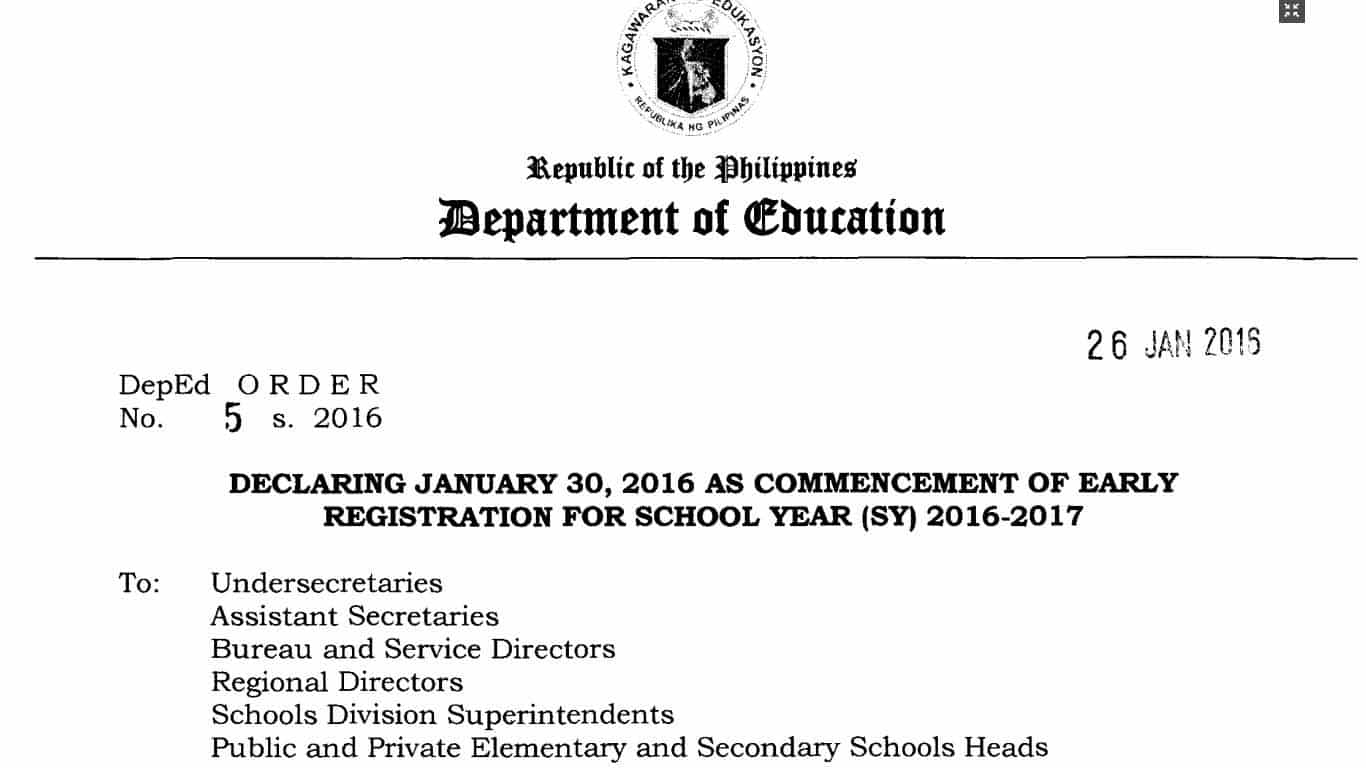 Declaring January 30, 2016 as Commencement of Early Registration for School Year (SY) 2016-2017