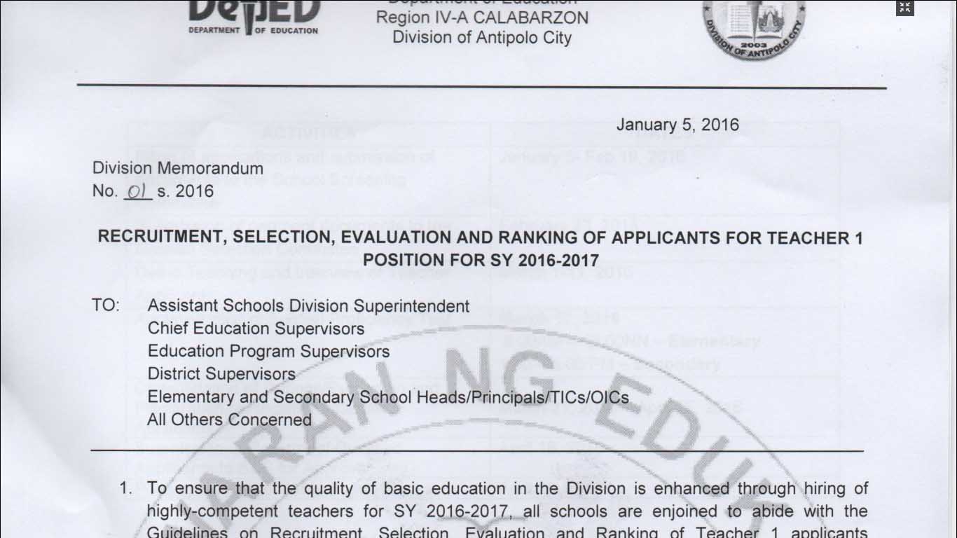 DepEd Antipolo 2016 Ranking of Applicants - Teacher 1 Positions