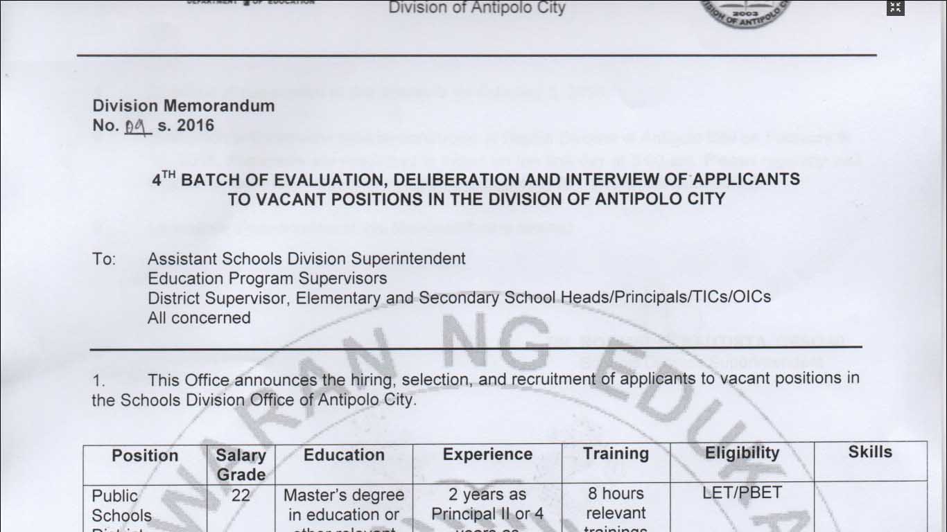 DepEd Antipolo January 2016 Bulletin of Vacant Positions