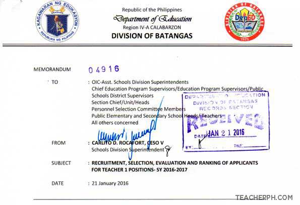DepEd Batangas 2016 Ranking of Teacher I Applicants