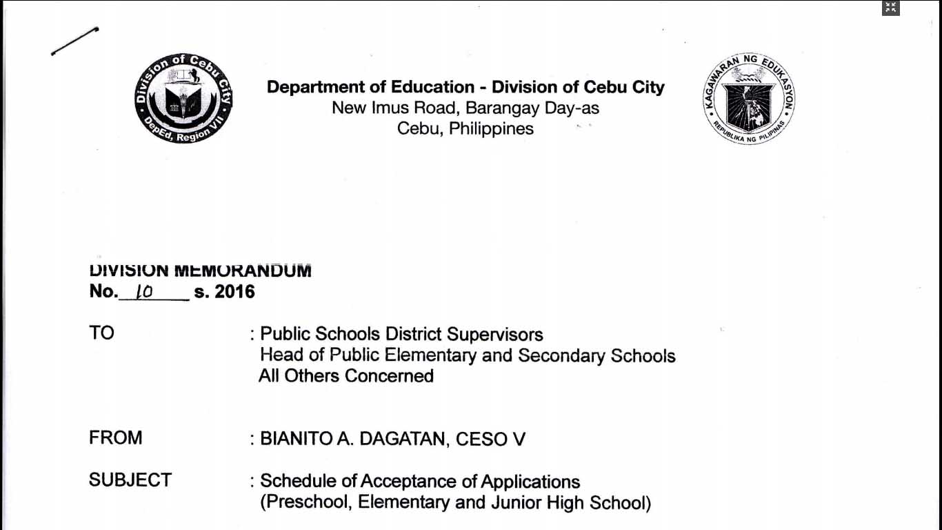 DepEd Cebu City 2016 Schedule of Acceptance of Applications (Preschool, Elementary and Junior High School)