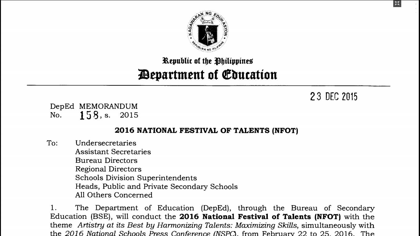 DepEd DM 158, s. 2015 - 2016 National Festival of Talents (NFOT)