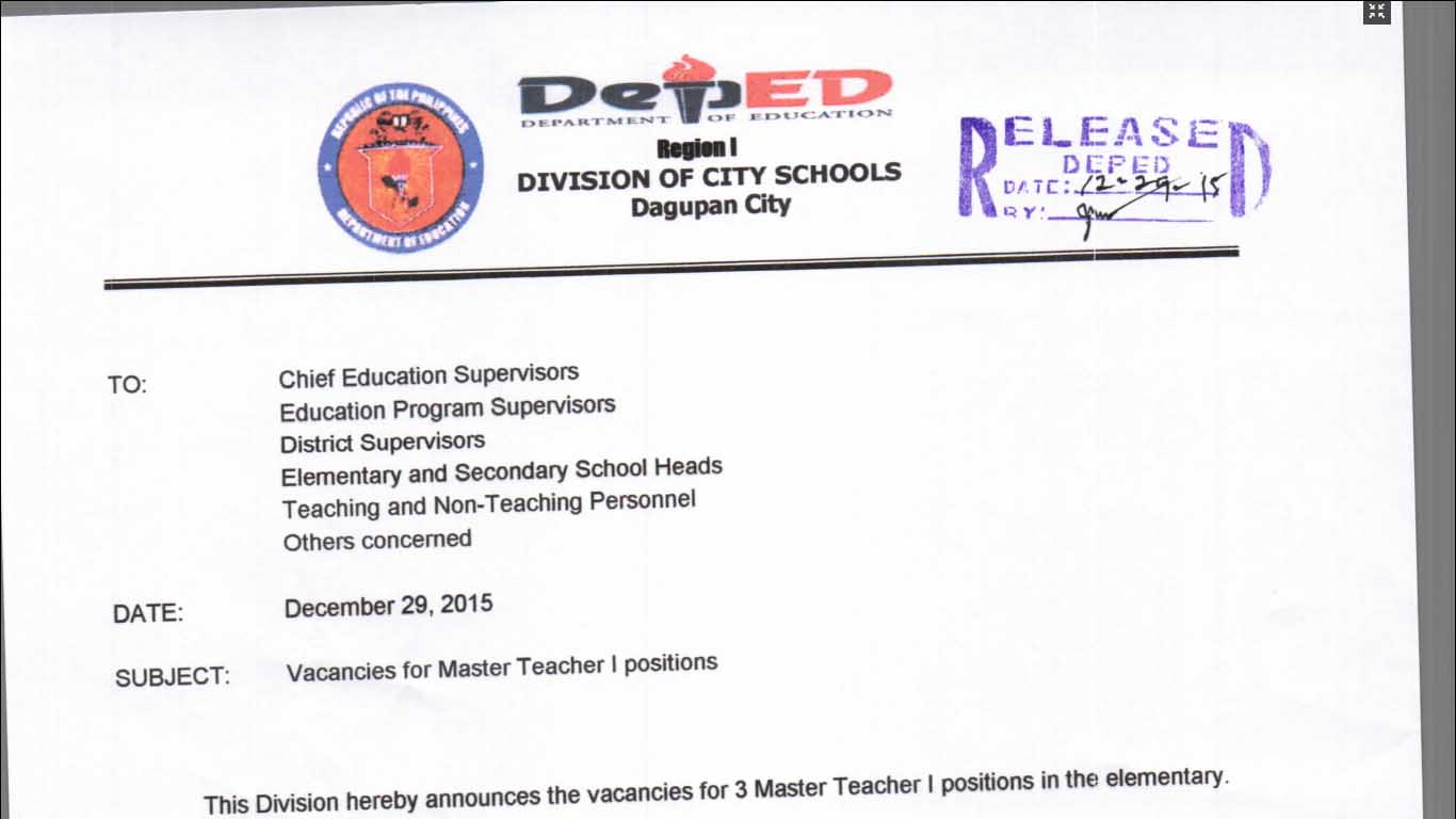 DepEd Dagupan 2016 Vacancies for Master Teacher I Positions - TeacherPH