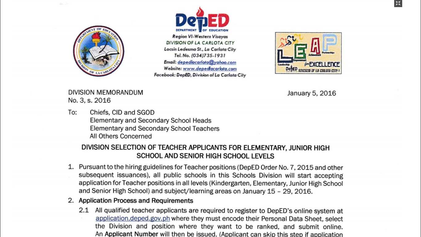 DepEd La Carlota City 2016 Division Selection of Teacher Applicants for Elementary, Junior High School and Senior High School Levels