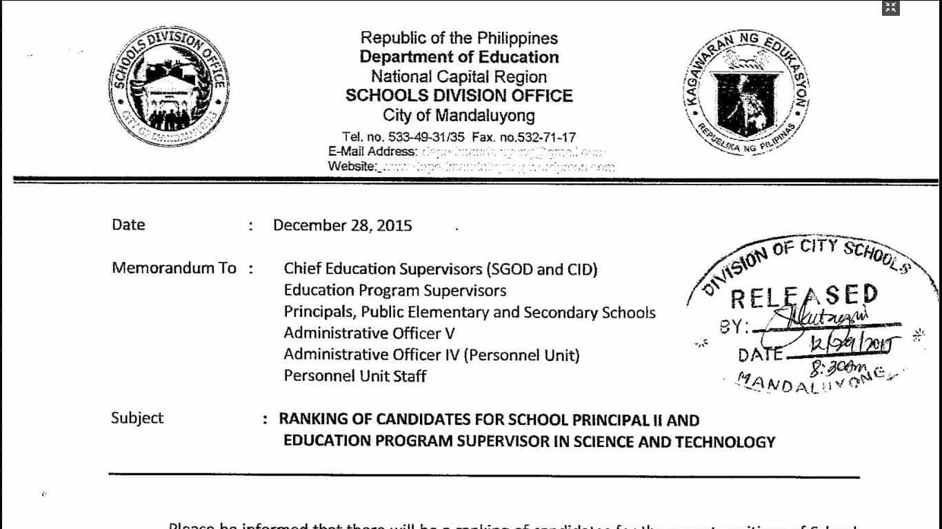 DepEd Mandaluyong Ranking of Candidates for School Principal II & Education Program Supervisor in Science and Technology