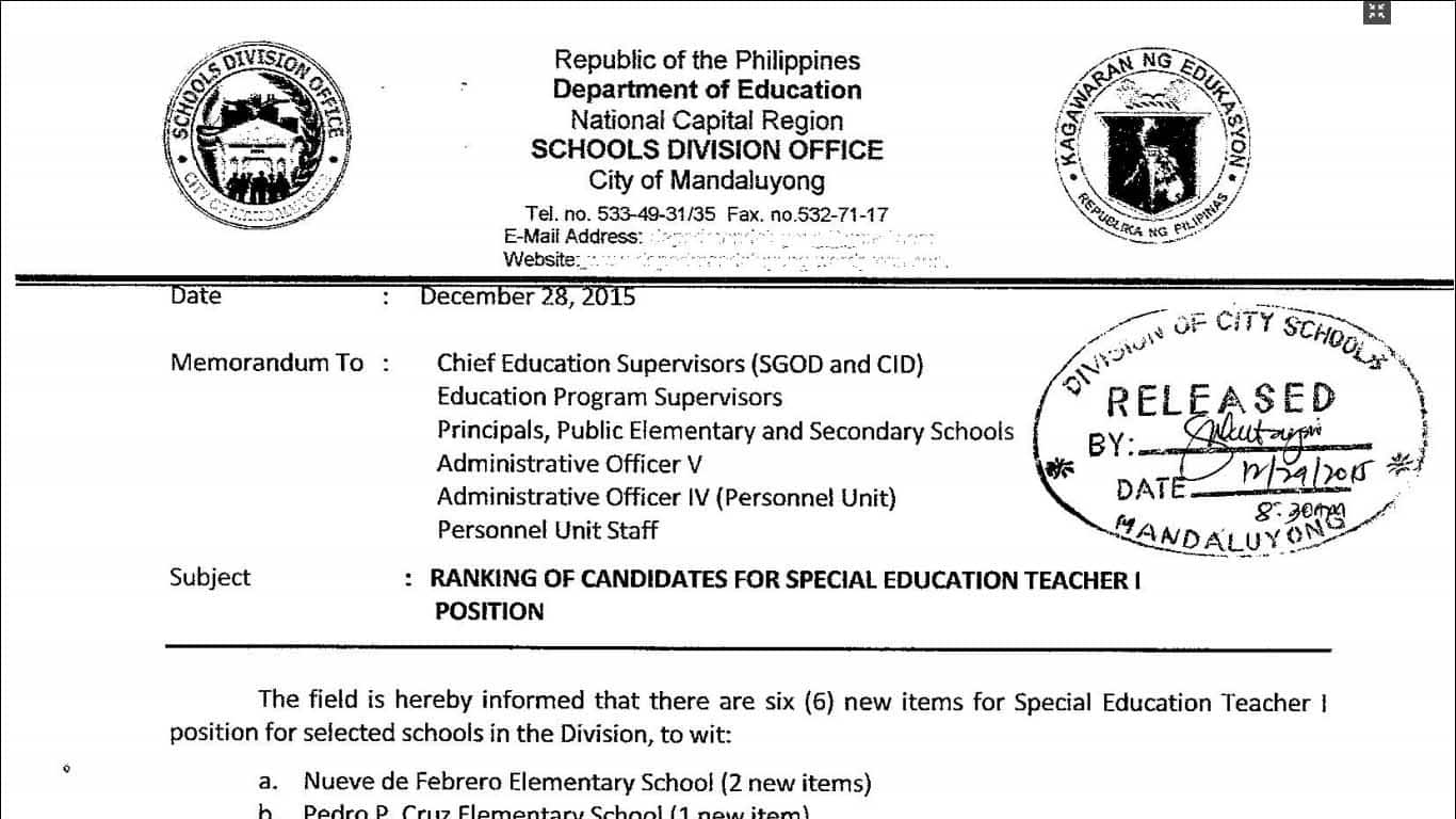 DepEd Mandaluyong Ranking of Candidates for Special Education Teacher I Position