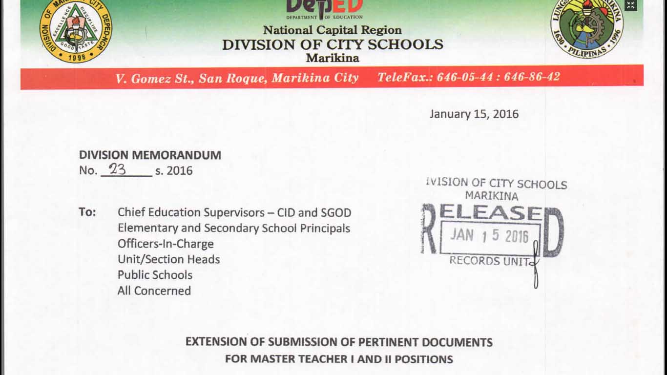 DepEd Marikina 2016 Ranking of Master Teacher Positions