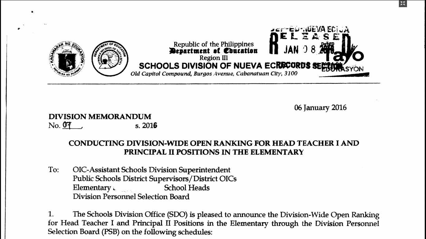 DepEd Nueva Ecija 2016 Division-Wide Open Ranking for Head Teacher I and Principal II Positions in the Elementary