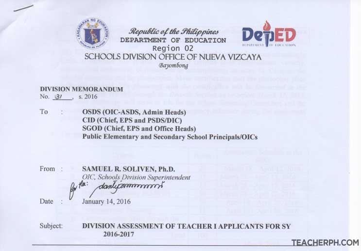 DepEd Nueva Vizcaya 2016 Ranking of Teacher I Applicants