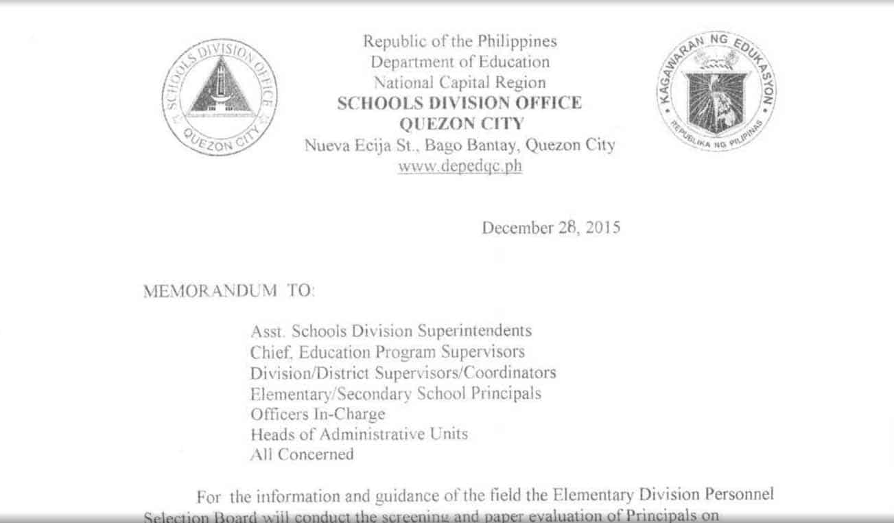 DepEd Quezon City 2016 Paper Evaluation of Principals