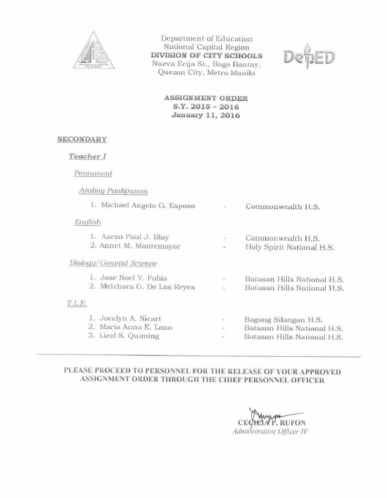 DepEd Quezon City Assignment Order January 11, 2016