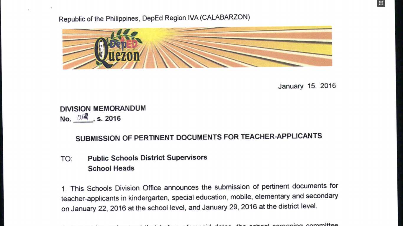 DepEd Quezon Province 2016 Ranking of Teacher Applicants
