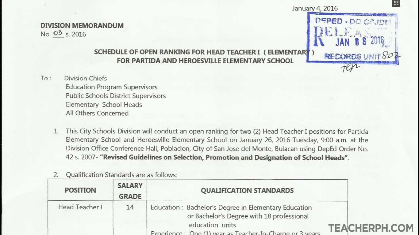 DepEd San Jose del Monte 2016 Schedule of Open Ranking for Head Teacher I Positions