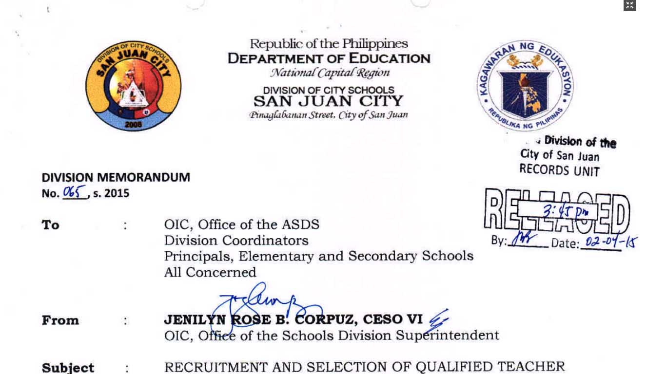DepEd San Juan City 2016 Ranking of Teacher I Applicants