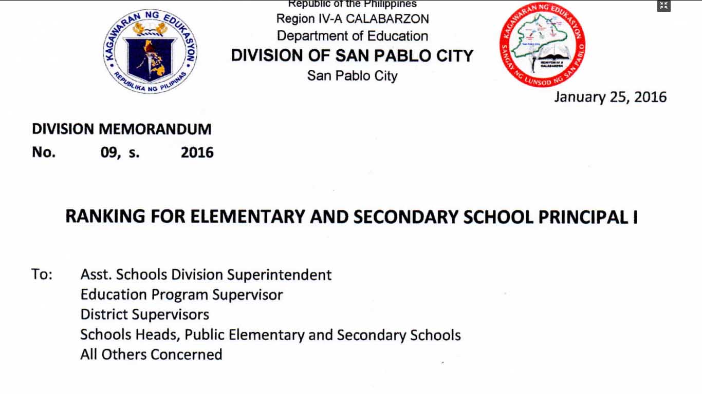 DepEd San Pablo City Ranking for Elementary and Secondary School Principal I