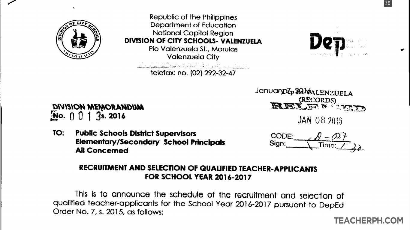 DepEd Valenzuela 2016 Recruitment and Selection of Qualified Teacher Applicants