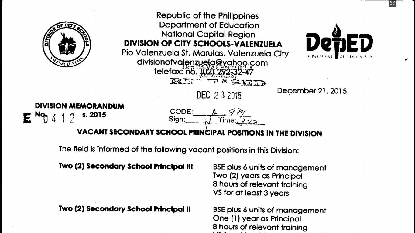 DepEd Valenzuela - Vacant Secondary School Principals Positions in the Division