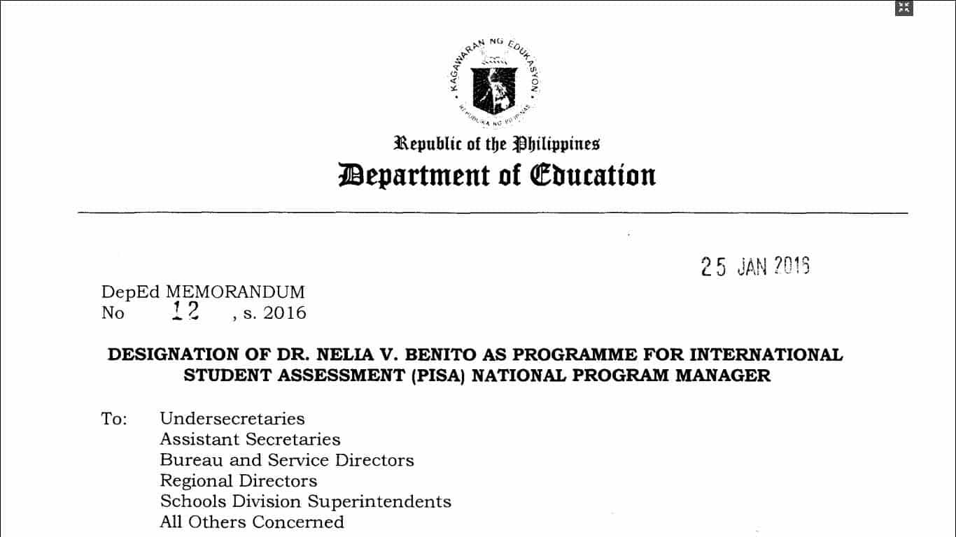 Designation of Dr. Nelia V. Benito as Programme for International Student Assessment (PISA) National Program Manager