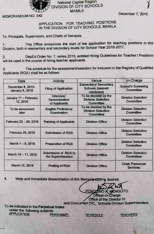 Division of City Schools Manila - Application for Teaching Positions