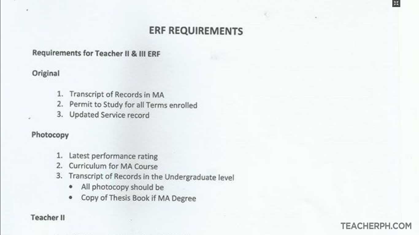 ERF Requirements for Teacher II & III
