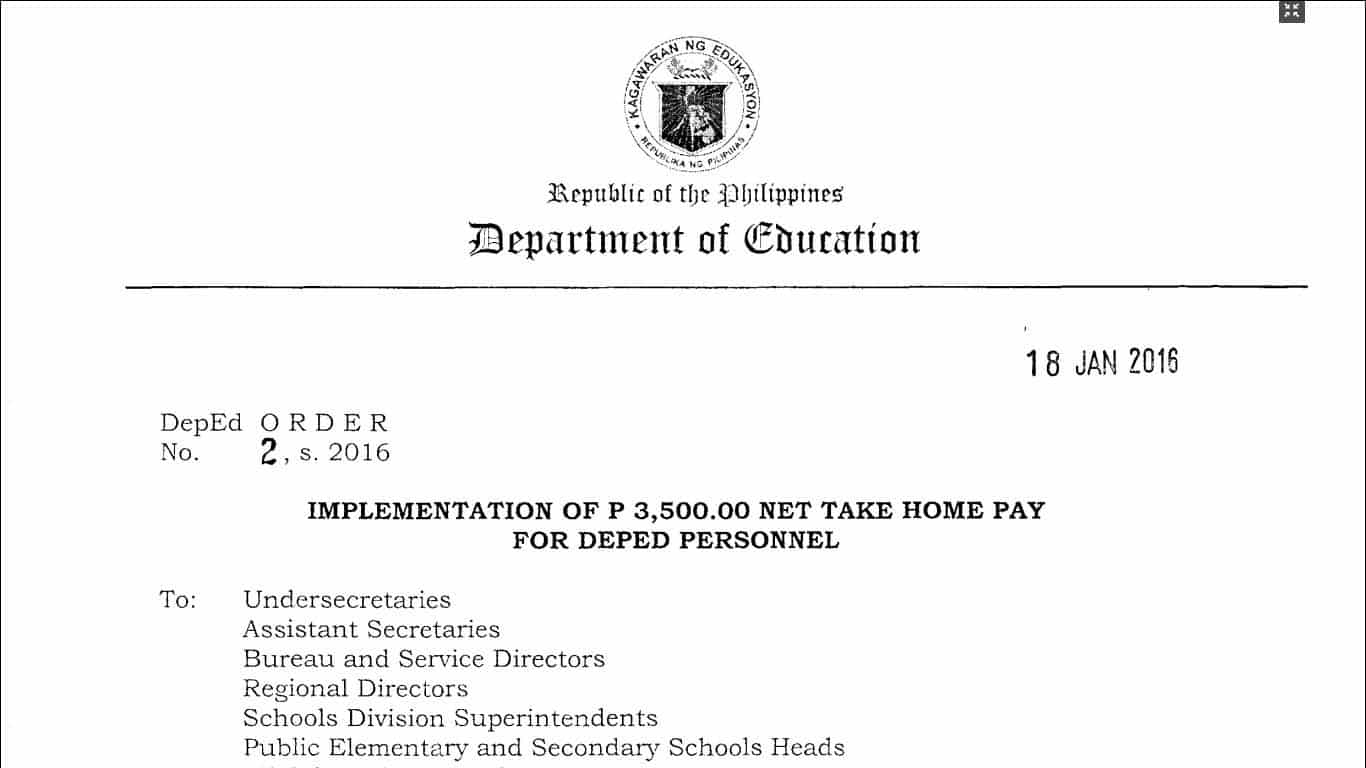 Implementation of P3,500.00 Net Take Home Pay for DepEd Personnel