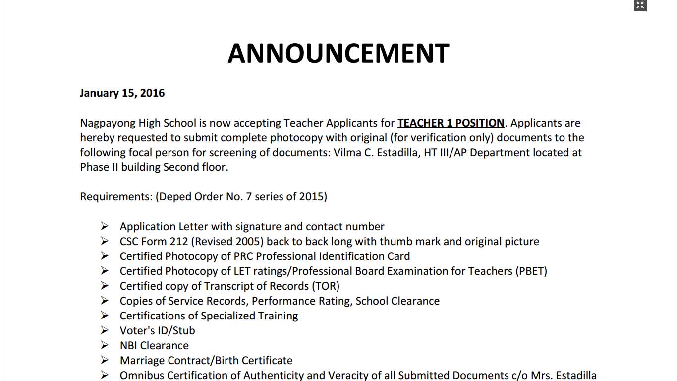 Nagpayong High School 2016 Ranking of Teacher I Applicants