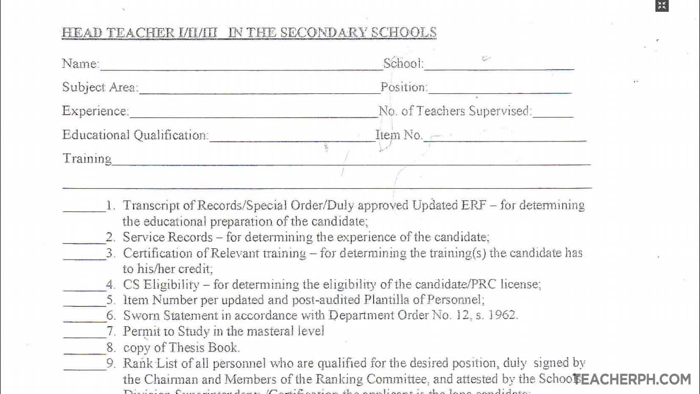 Requirements Checklist for Head Teacher in the Secondary Schools