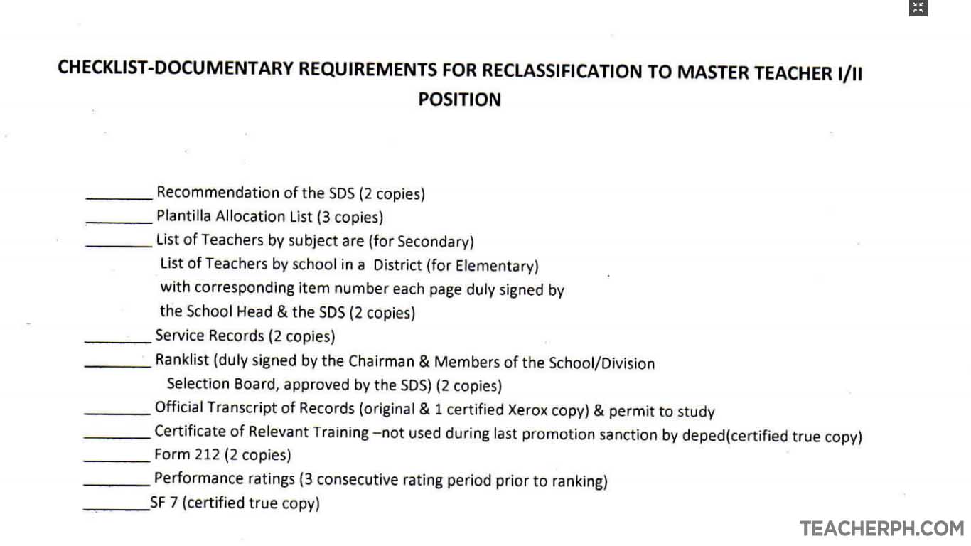 Requirements Checklist for Reclassification to Master Teacher Position