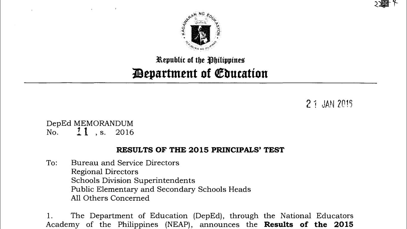 Results of the 2015 National Qualifying Examination for School Heads (NQESH)