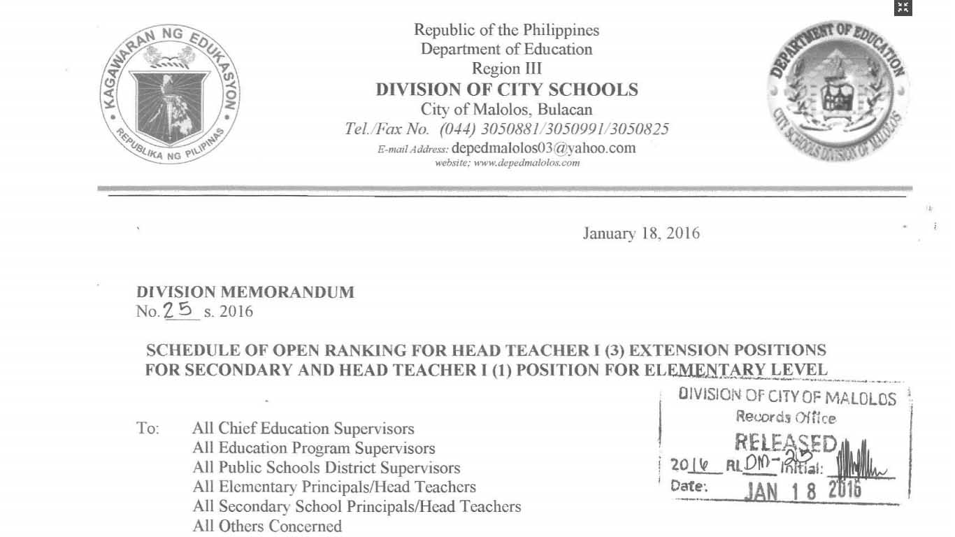 DepEd Malolos City Schedule of Open Ranking for Head Teacher I Extension Positions for Secondary and Head Teacher I Position for Elementary Level
