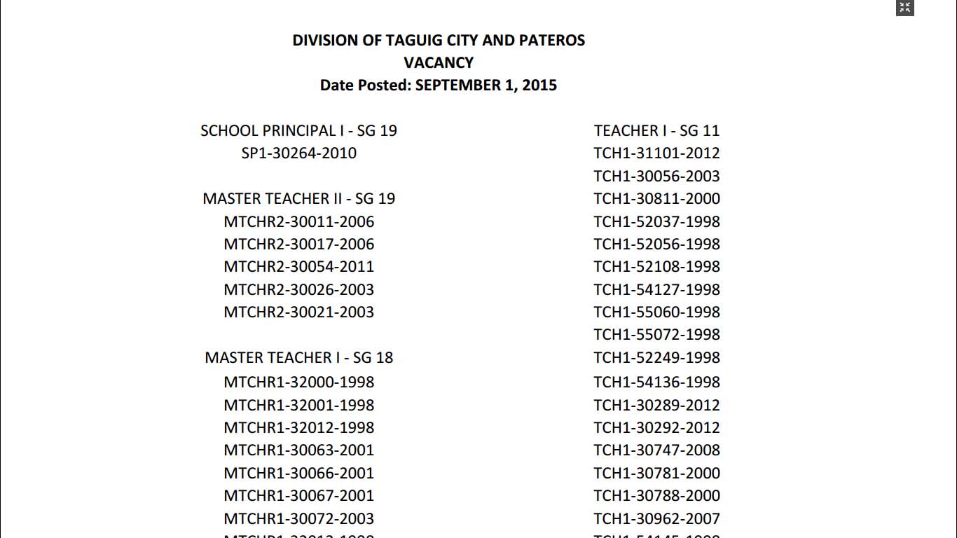 Schools Division of Taguig City and Pateros Job Vacancies