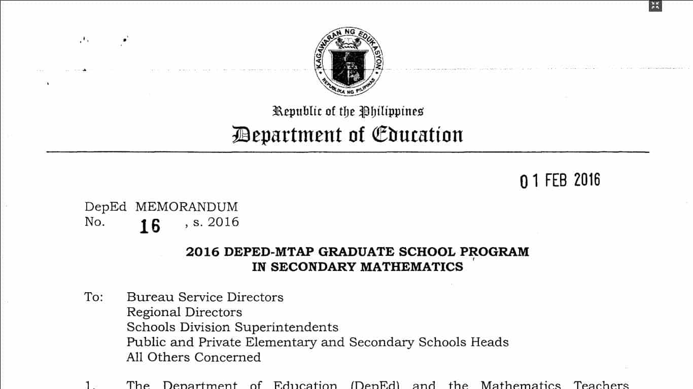 2016 DepEd-MTAP Graduate School Program in Secondary Mathematics