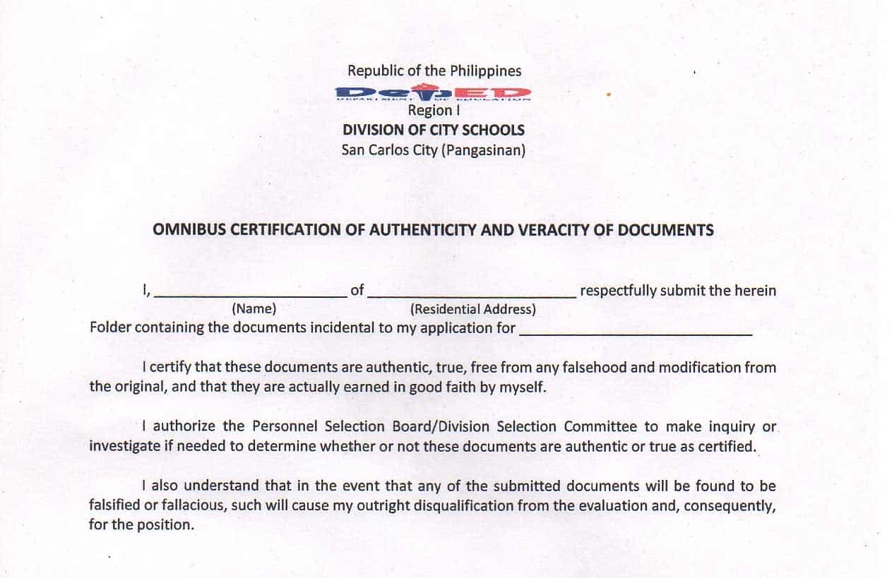 2016 Revised Omnibus Certification of Authenticity and Veracity of Documents