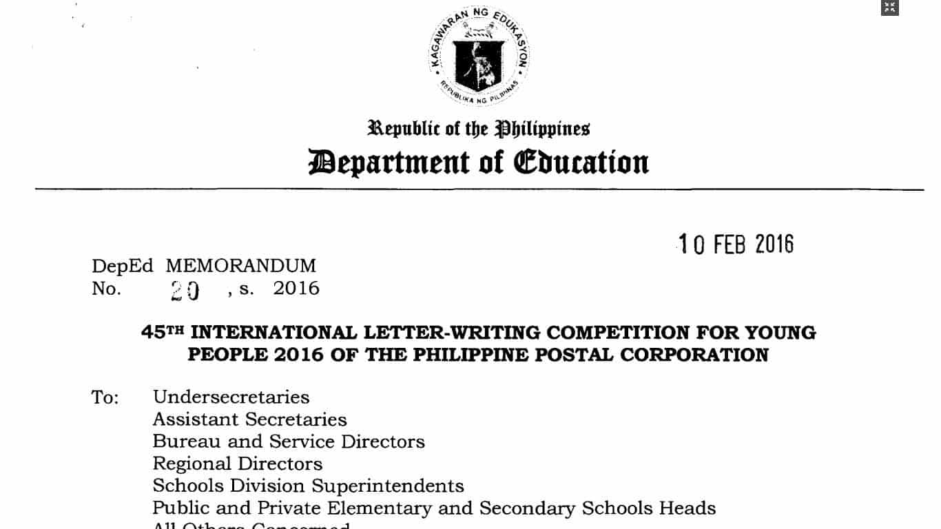 45th International Letter-Writing Competition for Young People 2016 of the Philippine Postal Corporation