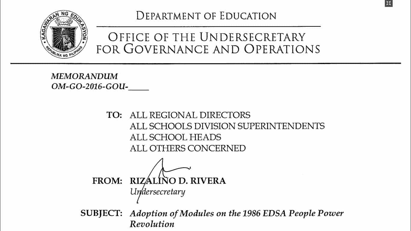 Adoption of Modules on the 1986 EDSA People Power Revolution