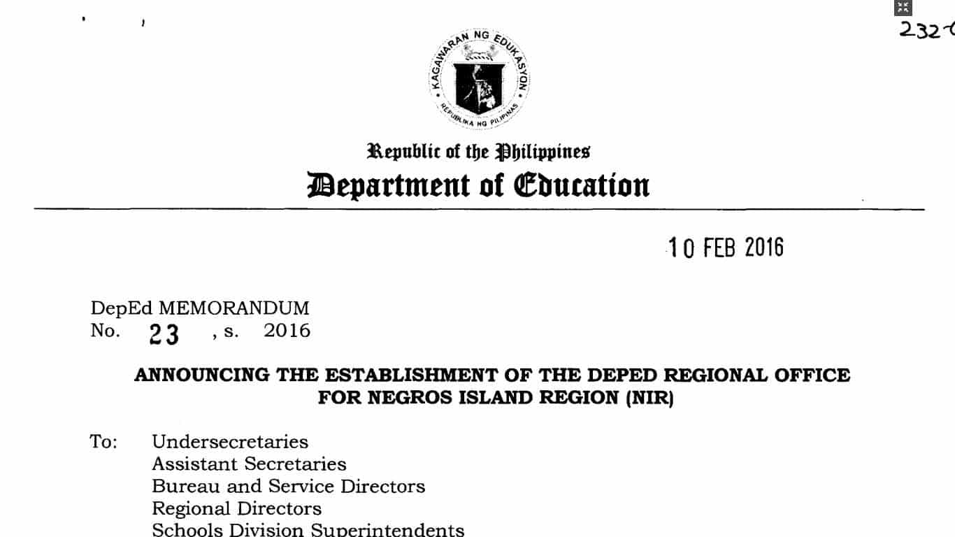 Announcing the Establishment of the DepEd Regional Office for Negros Island Region (NIR)
