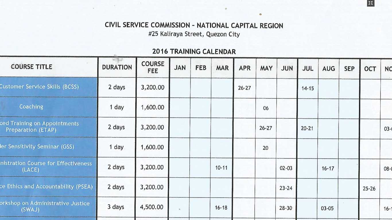 Civil Service Commission 2016 Training Calendar