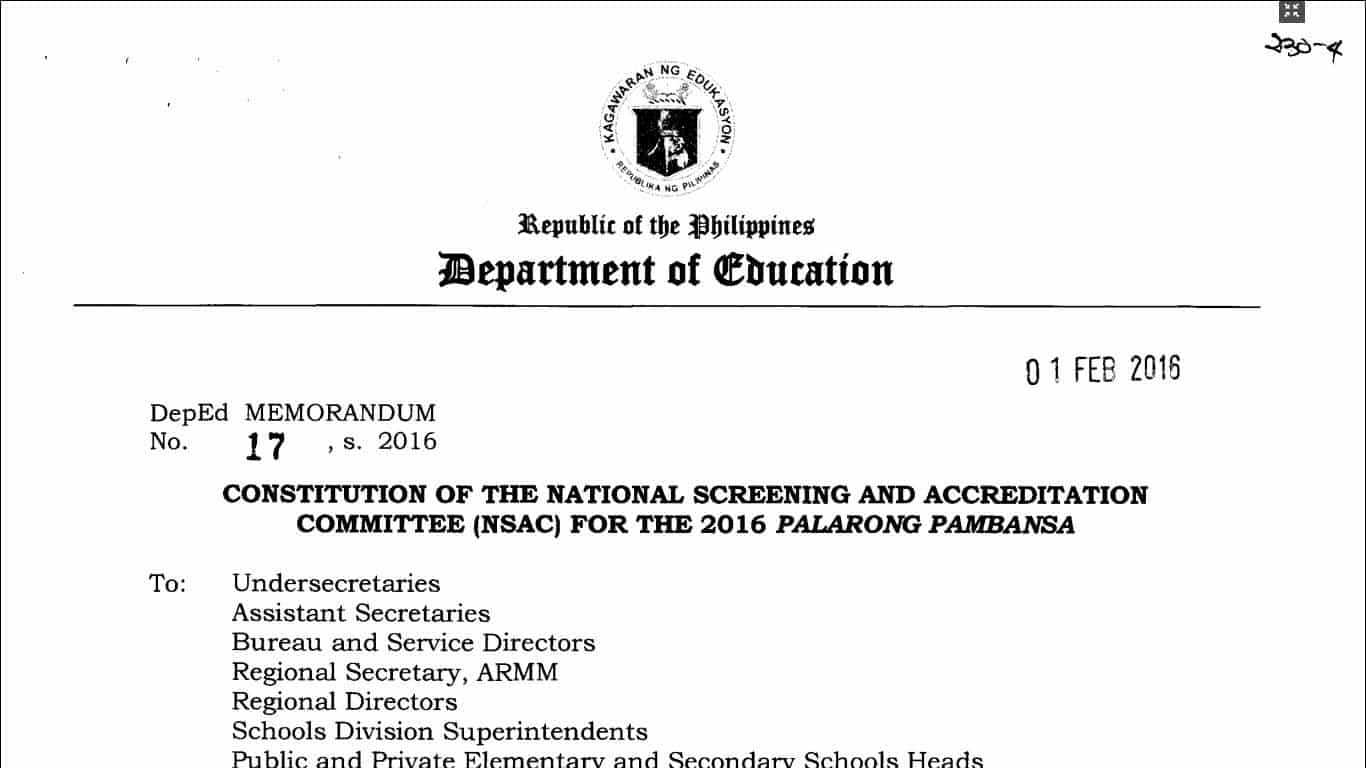 Constitution of the National Screening and Accreditation Committee (NSAC) for the 2016 Palarong Pambansa